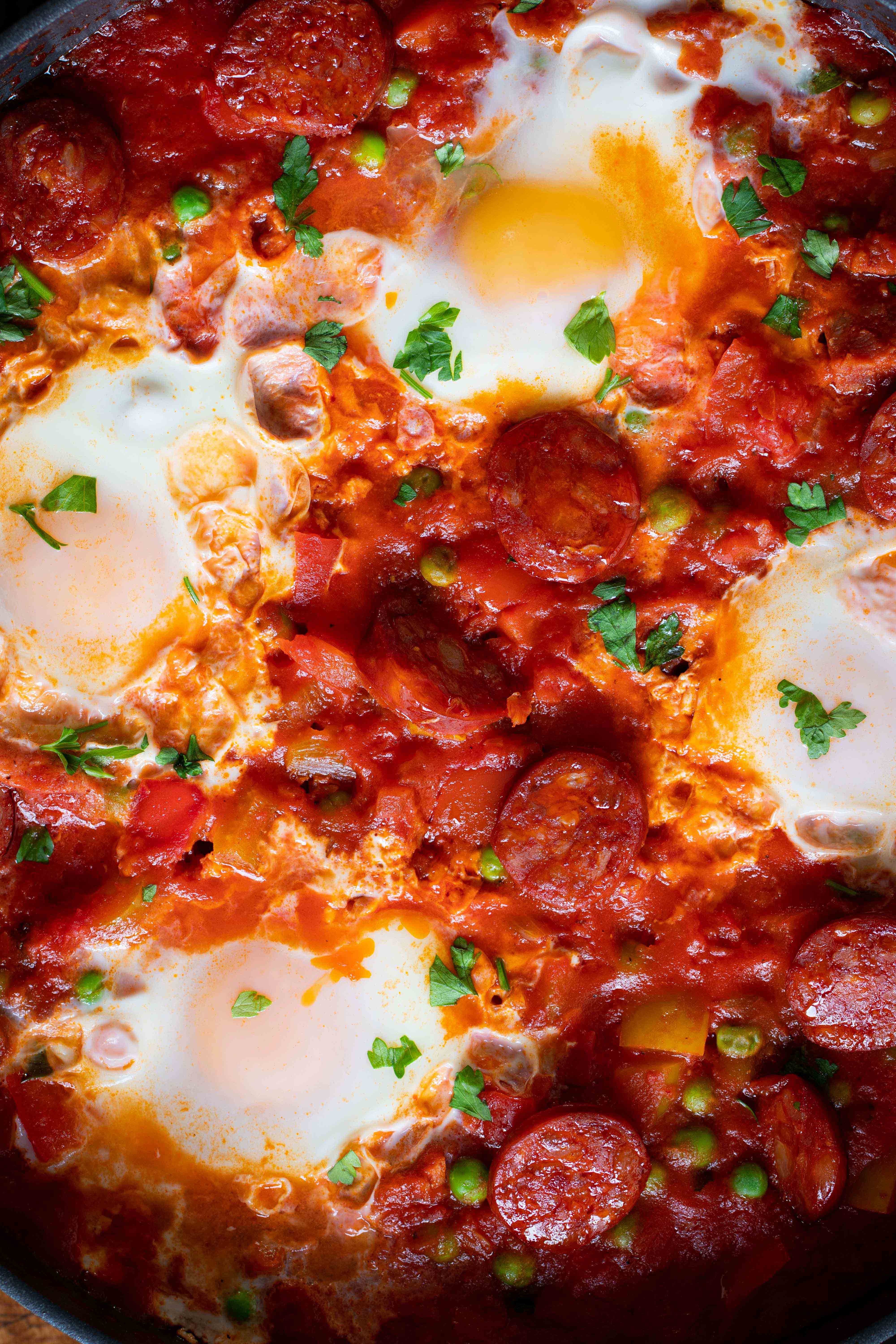 Baked eggs and chorizo - Spanish inspired Huevos a la Flamenca