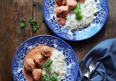 Skillet Chicken Meatballs in a creamy tomato and almond sauce (Dairy-Free)