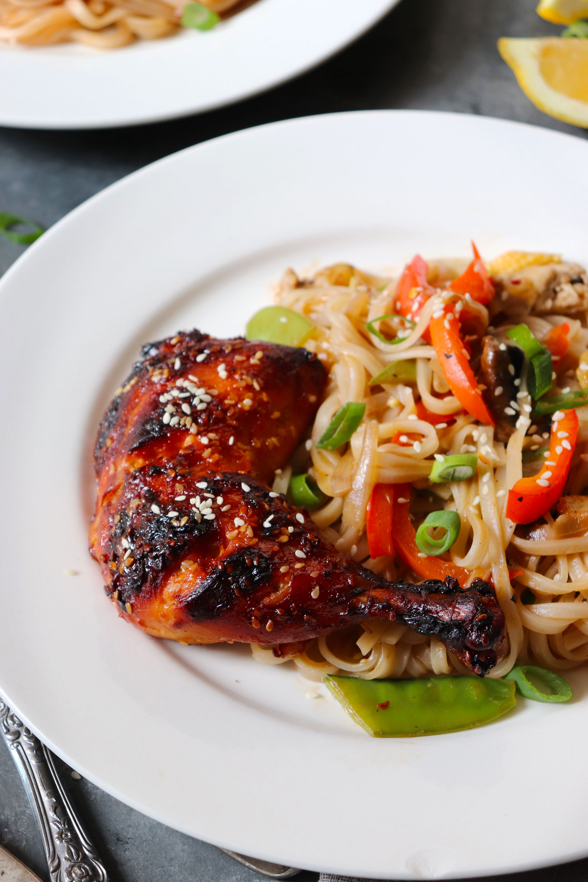 Sriracha honey Grilled Chicken with stir fry veggies rice noodles (Gluten Free)