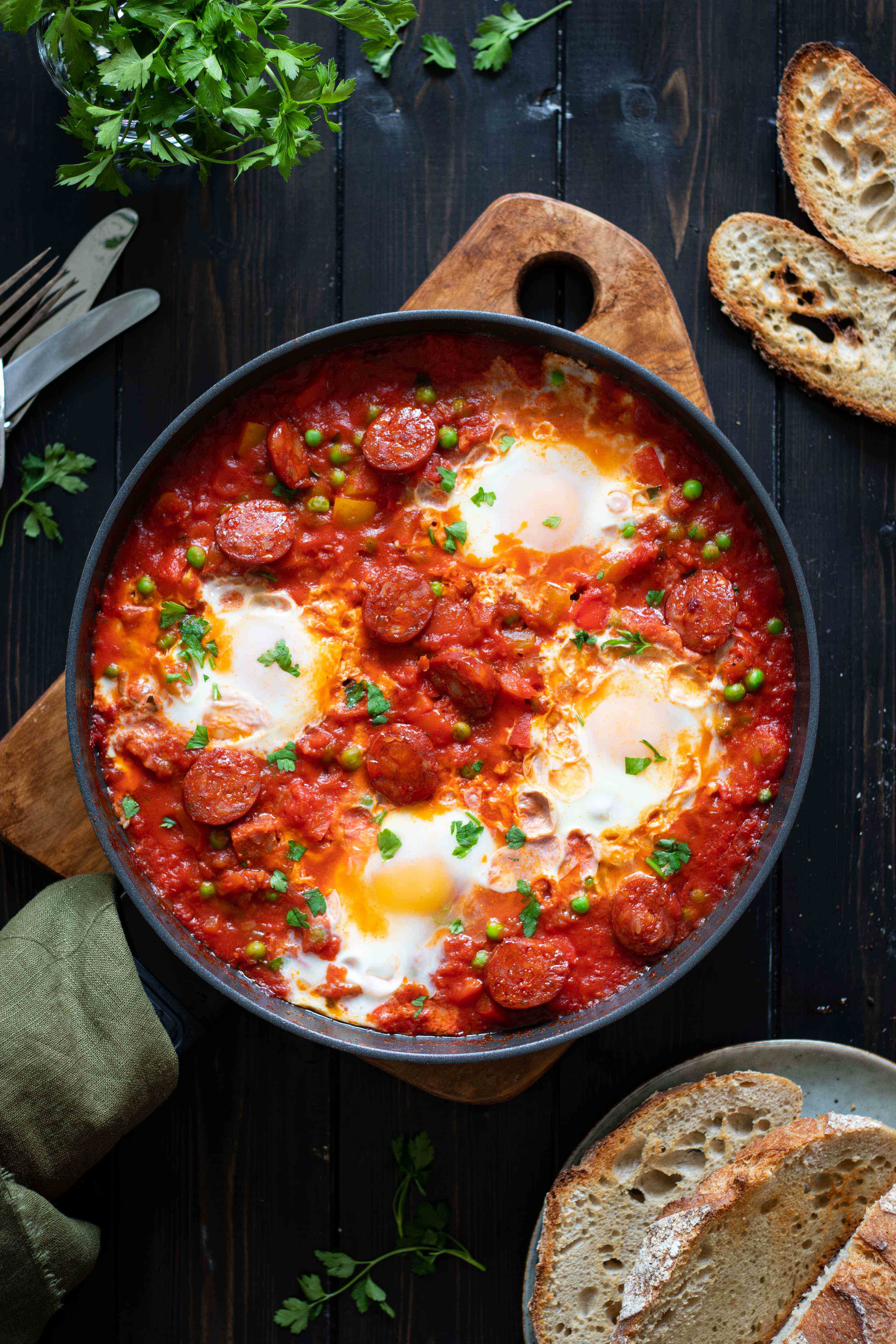 Baked eggs and chorizo - Spanish inspired Huevos a la Flamenca