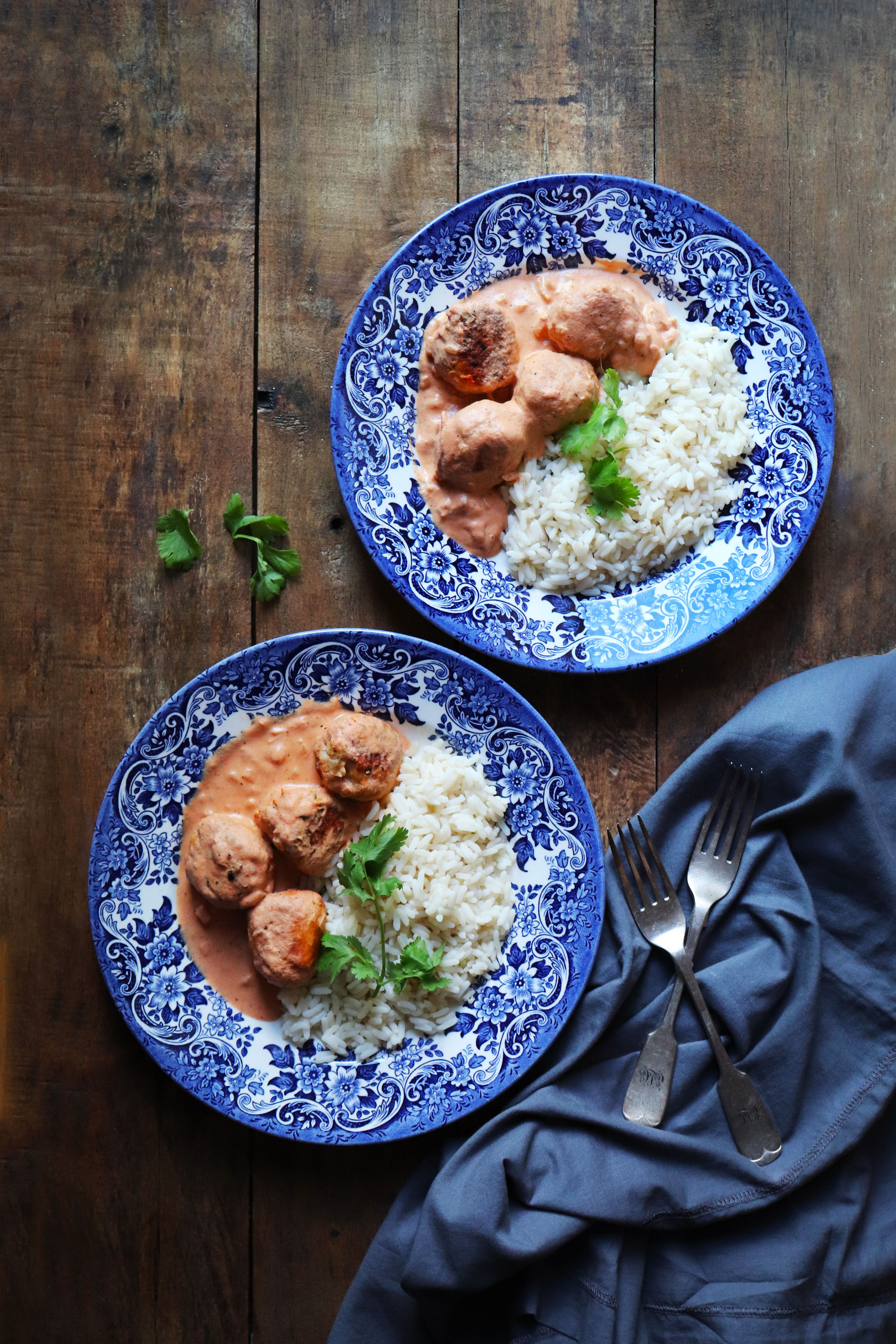 Skillet Chicken Meatballs in a creamy tomato and almond sauce