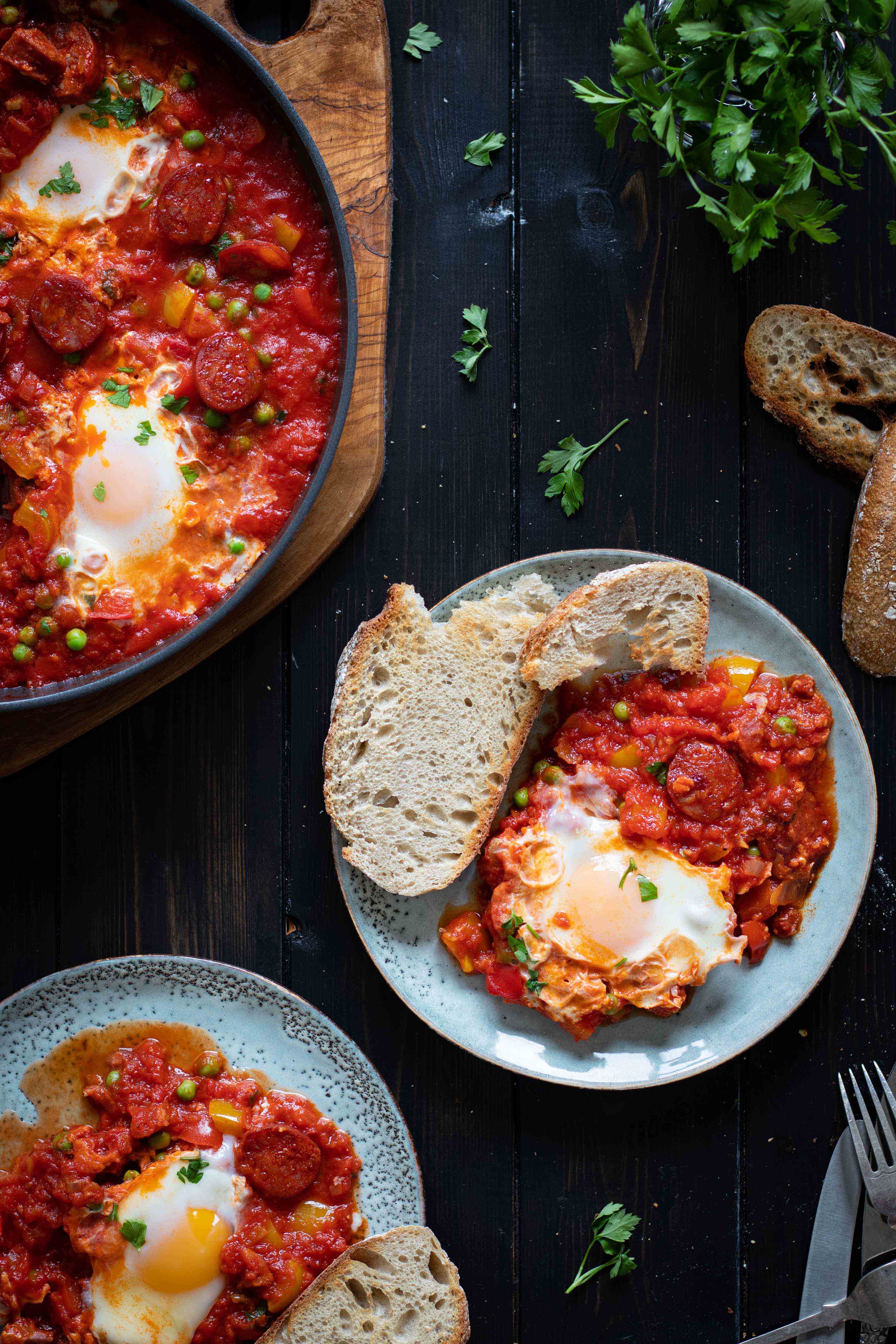 Baked eggs and chorizo - Spanish inspired Huevos a la Flamenca