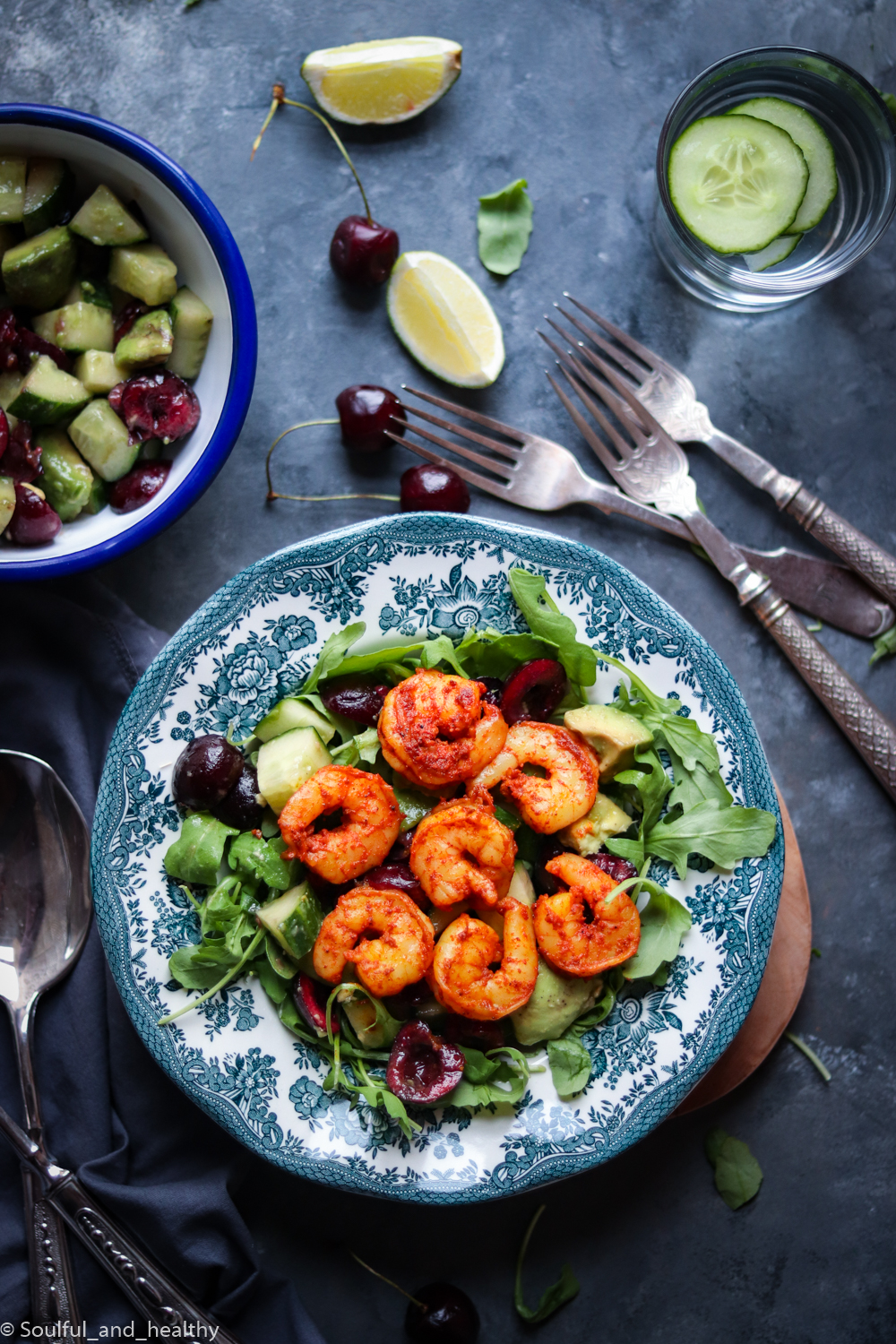 Masala King prawns Salad with cherries