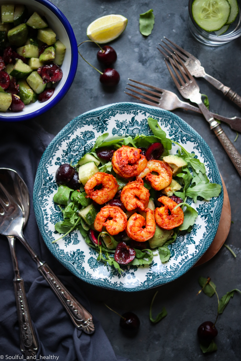 Masala King prawns salad wirh cherries 