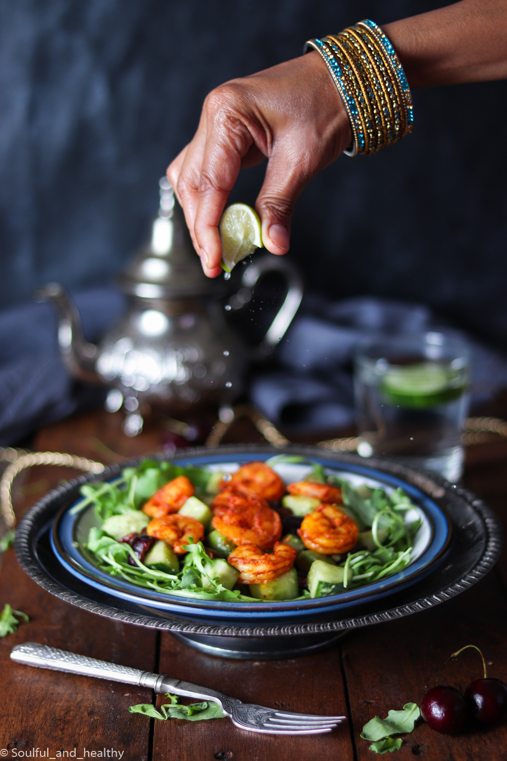 Masala King prawns salad wirh cherries 