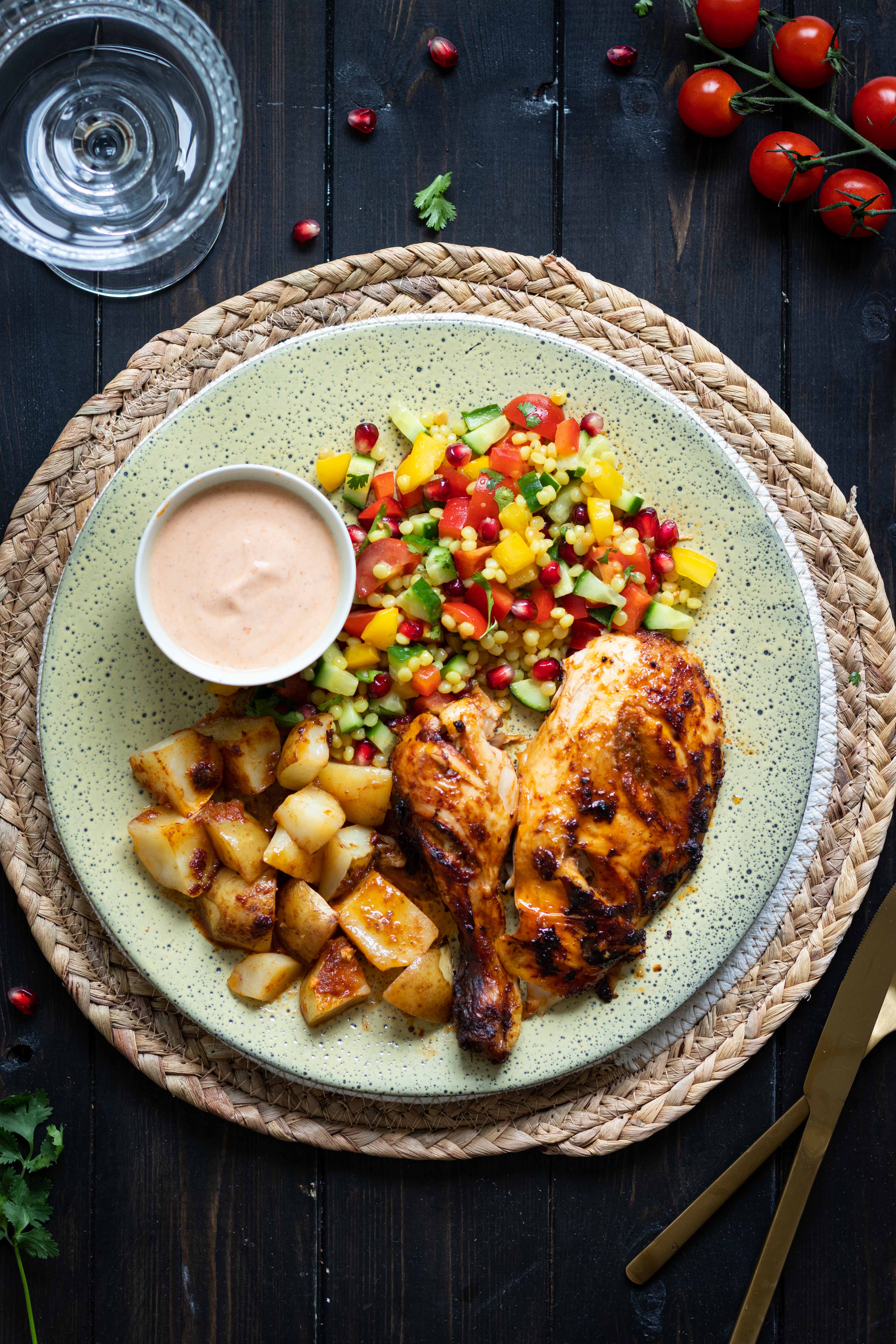 Harissa grilled chicken with Israeli couscous salad