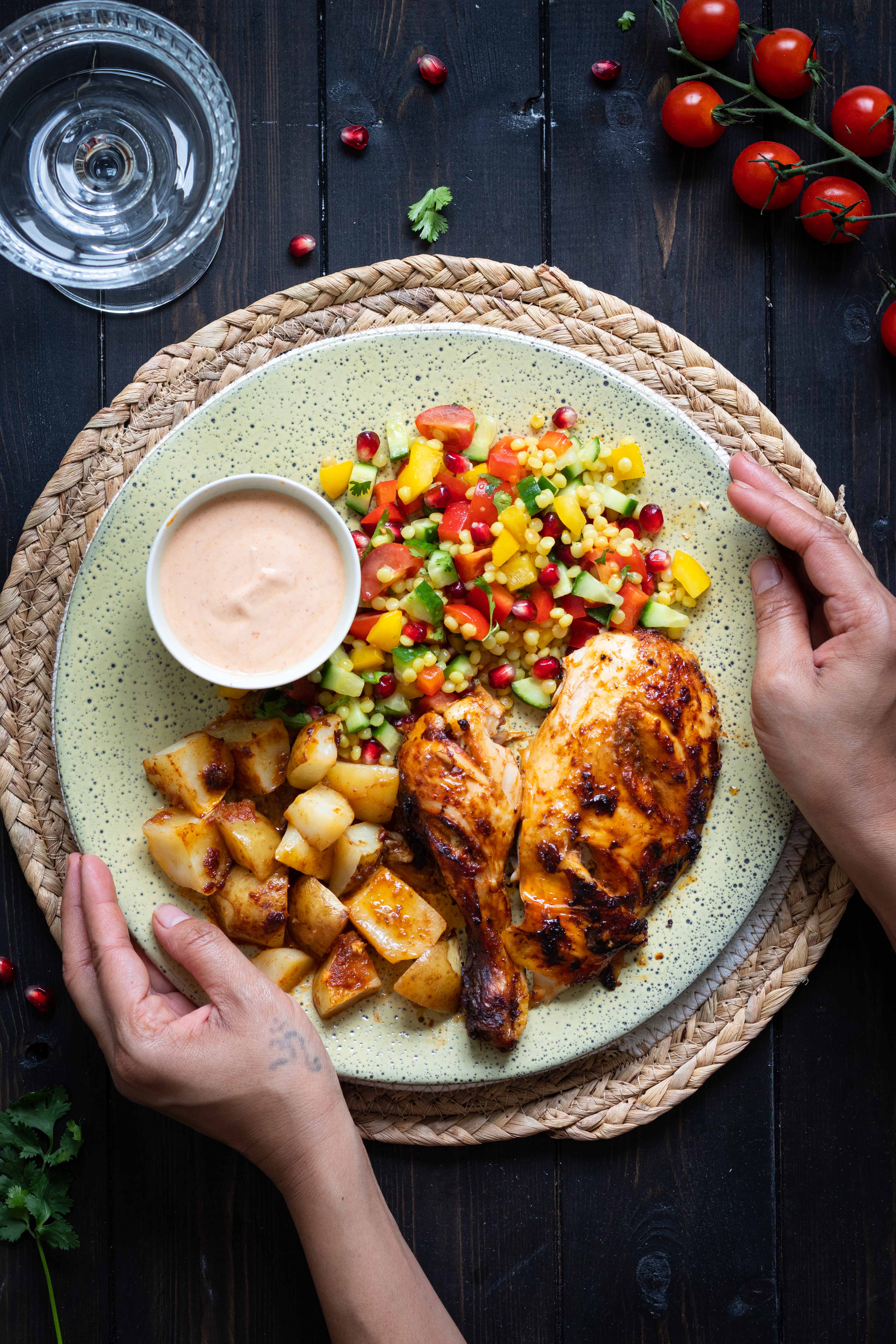 Harissa grilled chicken with Israeli couscous salad