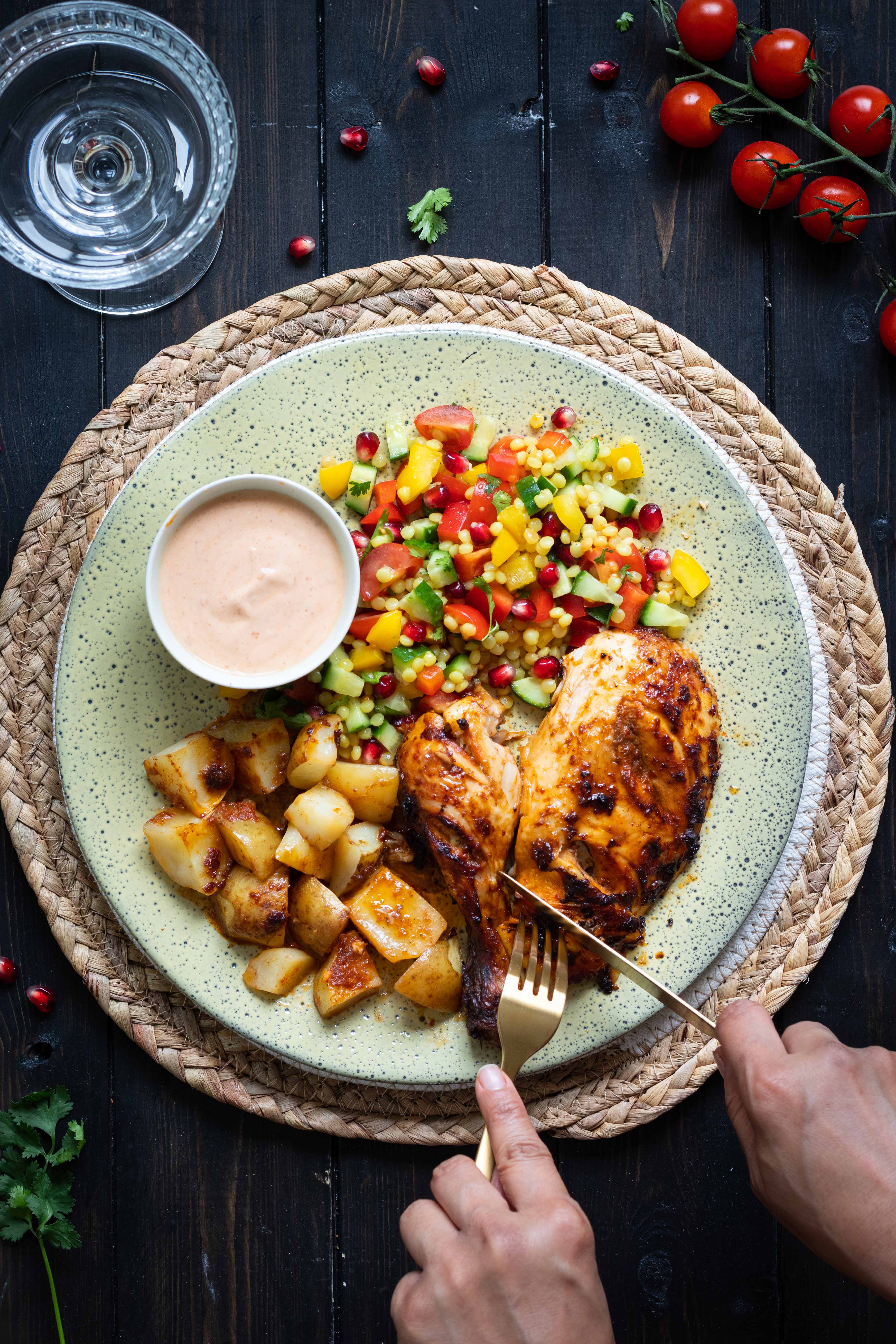 Harissa grilled chicken with Israeli couscous salad