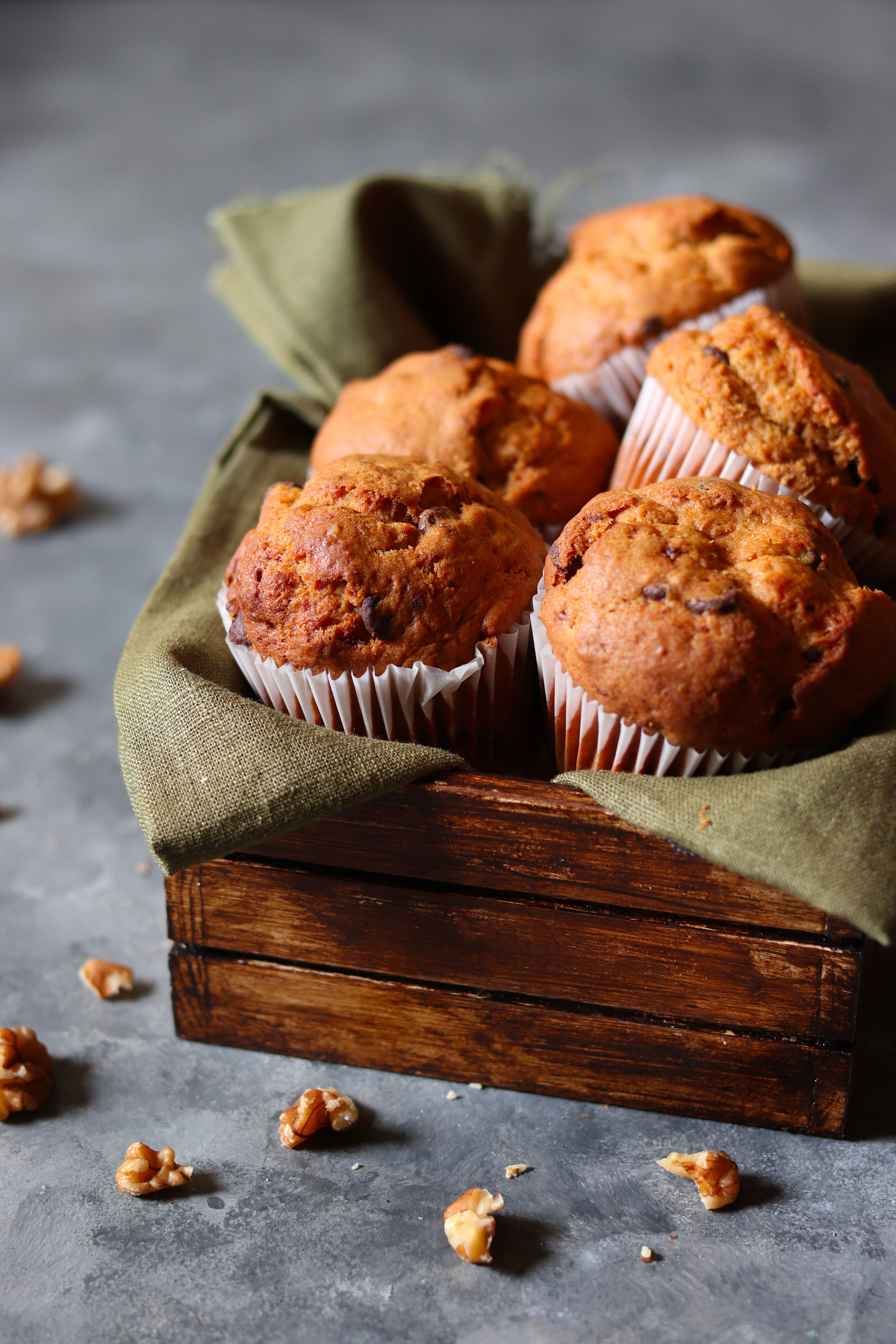 Banana walnut and dark chocolate chip muffins