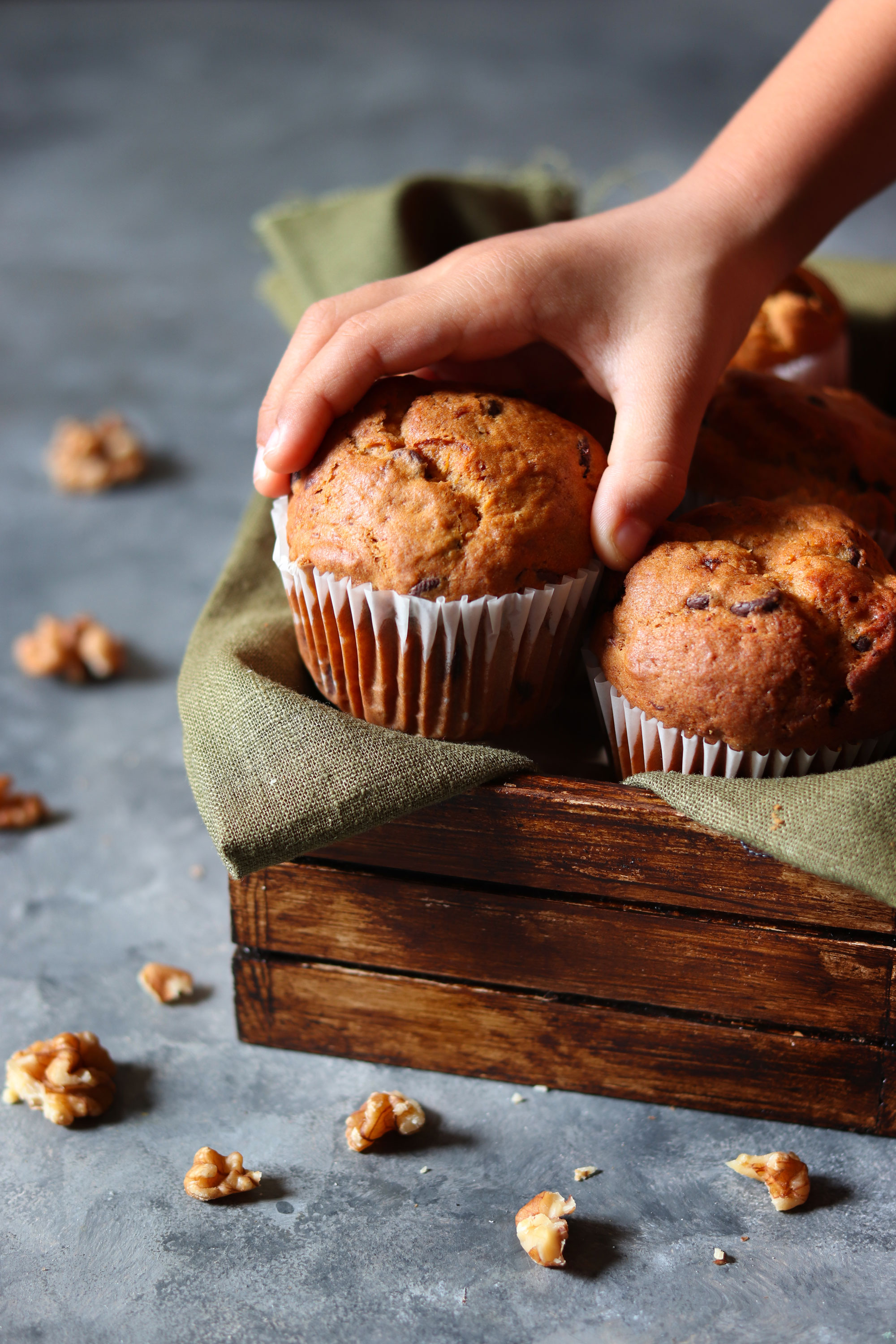 Banana walnut and dark chocolate chip muffins