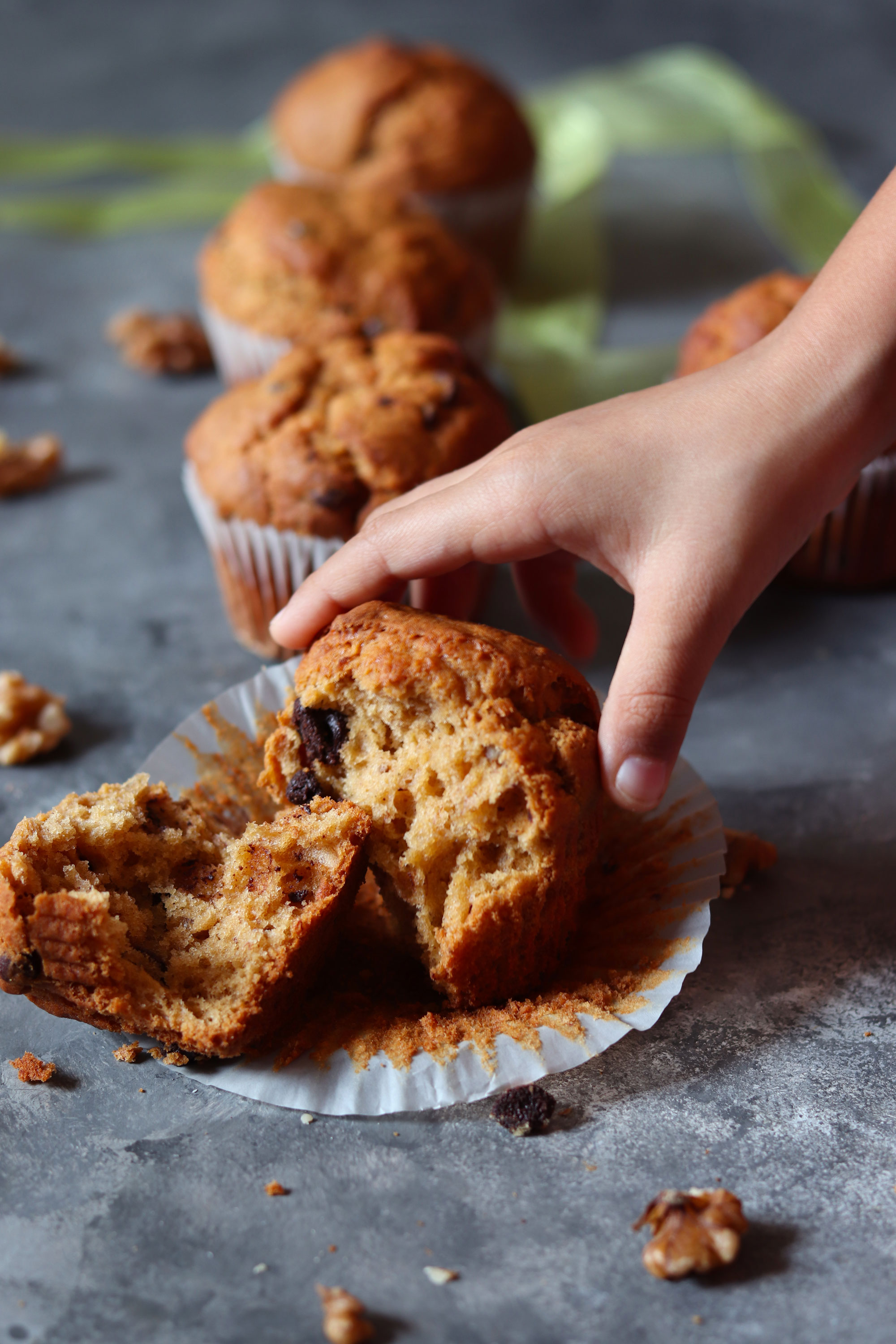 Banana walnut and dark chocolate chip muffins