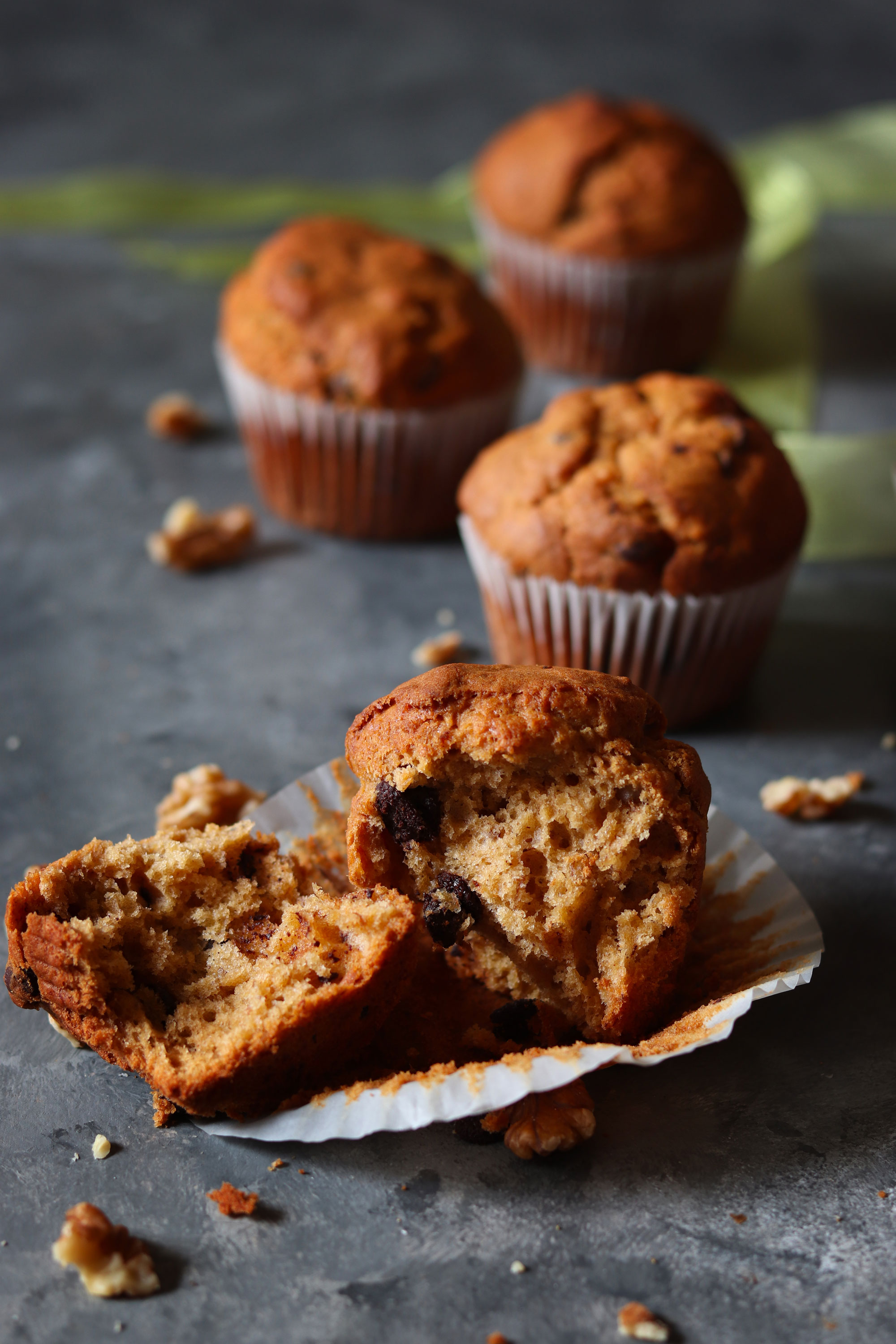 Banana walnut and dark chocolate chip muffins