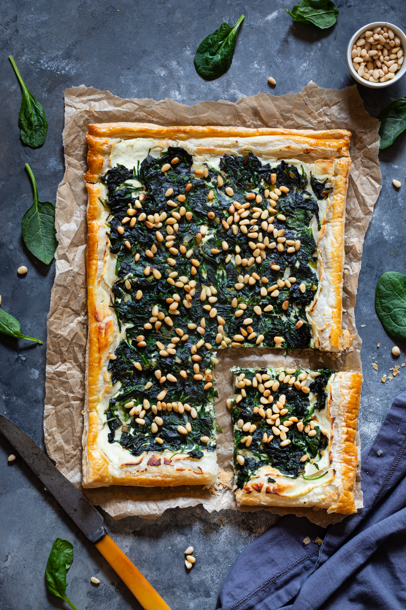 Spinach and ricotta tart with pine nuts