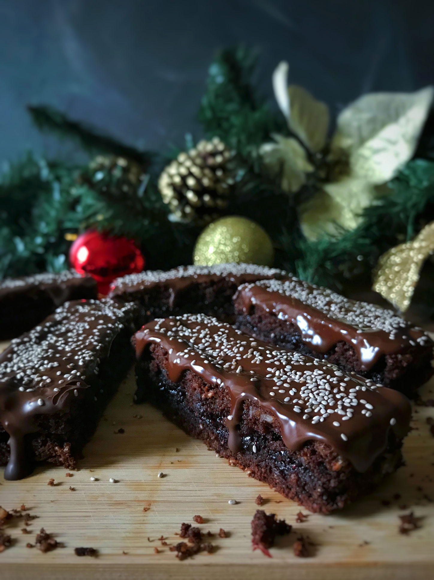 Chocolate brownie bars with blueberry chia jam