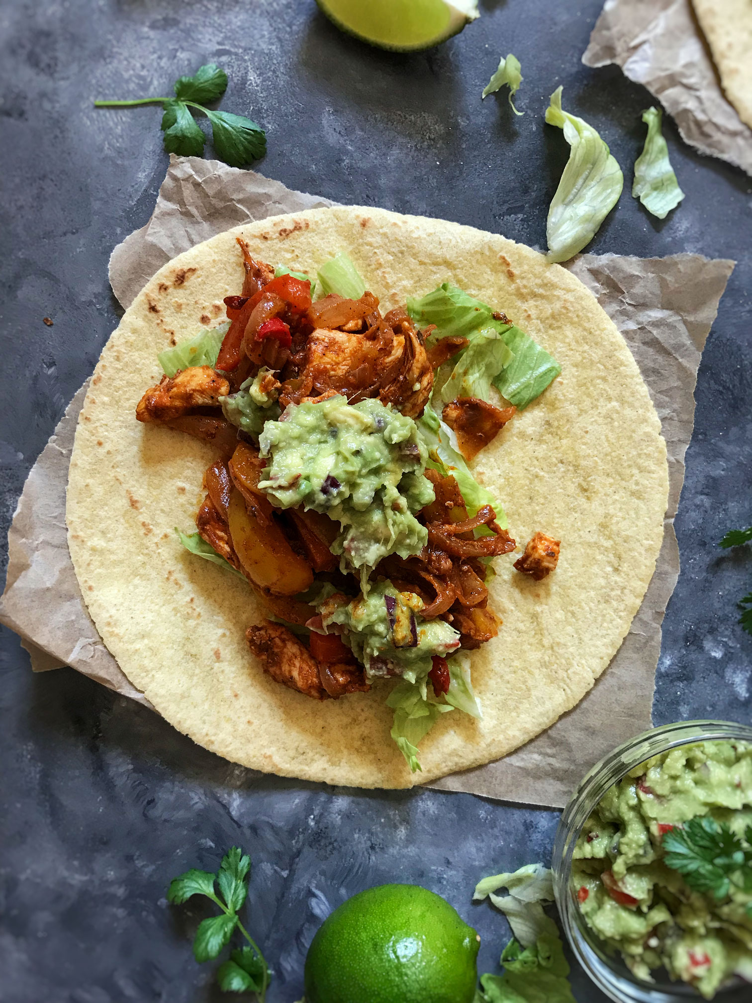 Chicken fajita with corn tortillas wrap