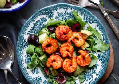 Masala King prawns Salad with cherries