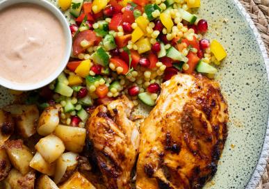 Harissa grilled chicken with Israeli couscous salad