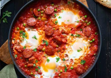 Baked eggs and chorizo - Spanish inspired Huevos a la Flamenca