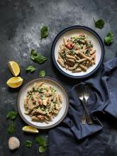 Salmon and veggies whole-wheat pasta in a dairy free cream sauce | Soulful And Healthy